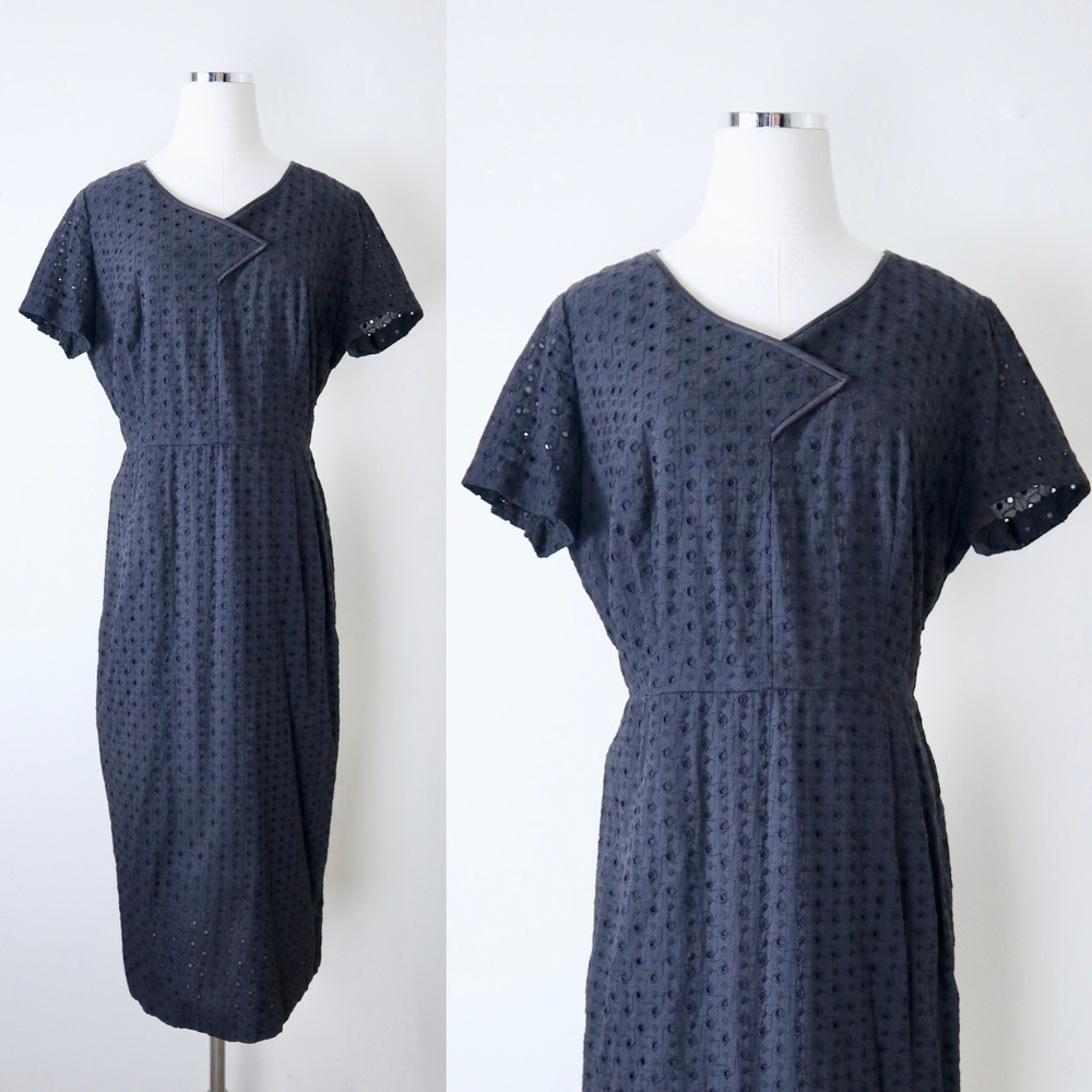 Vintage 1950s Size XL Eyelet Cotton Day Dress Midi Tea Length Short Sleeve Black